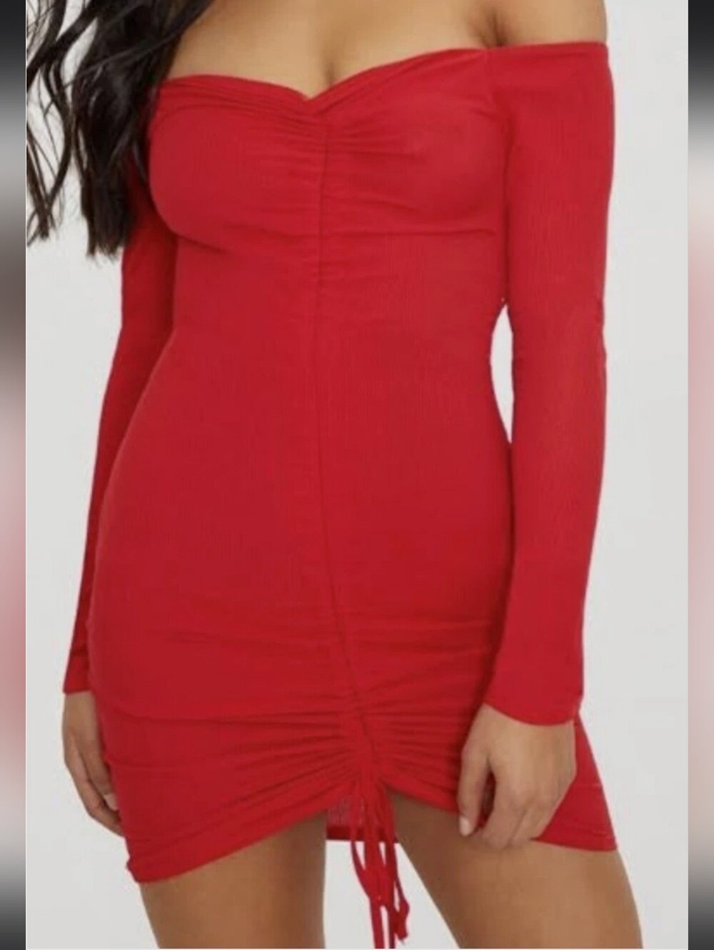 PrettyLittleThing Off-Shoulder Red Ruched Bodycon Dress